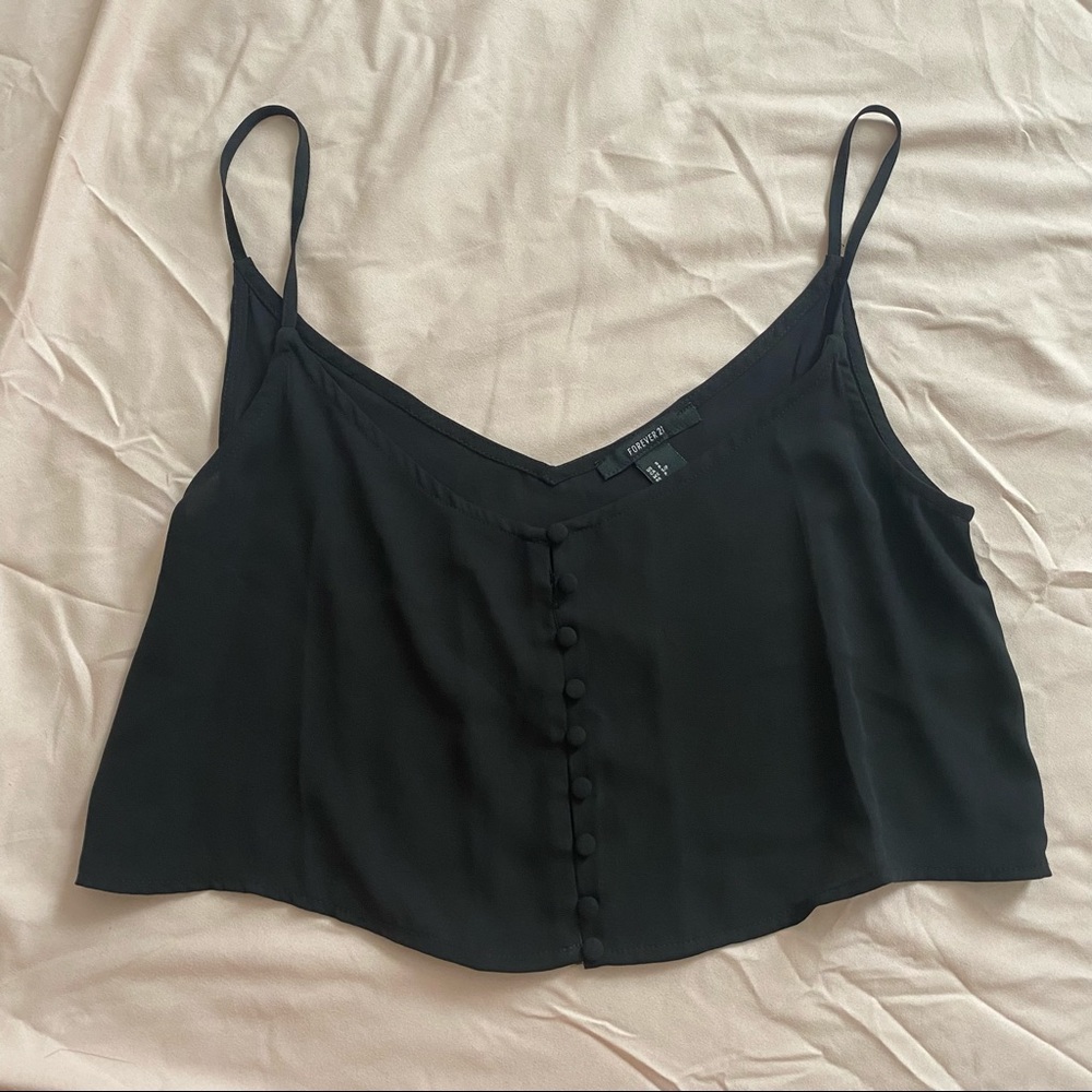 Black Chiffon Button Up Cami Tank Crop Top